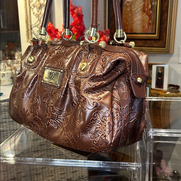 Sharif Bronze Floral Embossed Leather Satchel 14”x 9.5”x 5.25” NWOT - Picture 4 of 9